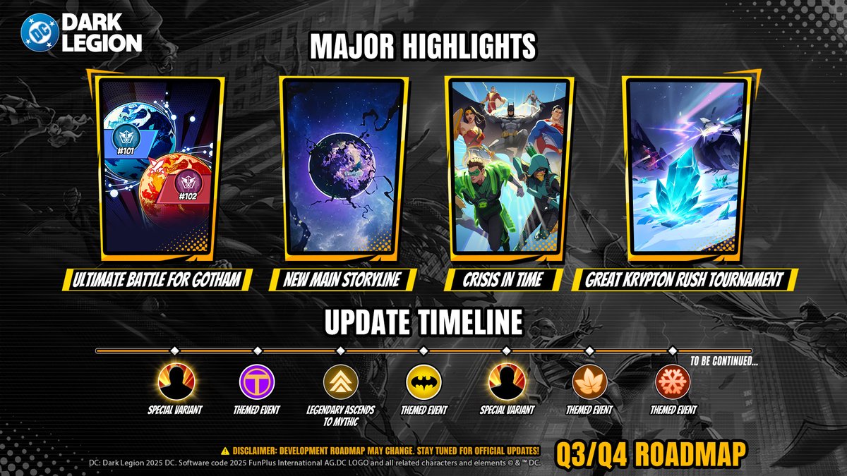 DCDarkLegion's tweet image. 🚀 DC: Dark Legion - Q3/Q4 Roadmap Reveal!

From massive cross-Earth battles to iconic new storylines and fan-favorite Champions, the Multiverse is about to erupt.

✨ Highlights:
Ultimate Battle for Gotham
New Main Storyline
Crisis In Time (PvP)
Great Krypton Rush Tournament…