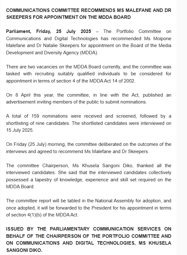 PMG_SA's tweet image. Communications Committee recommends Ms Malefane and Dr Skeepers for appointment on the MDDA board