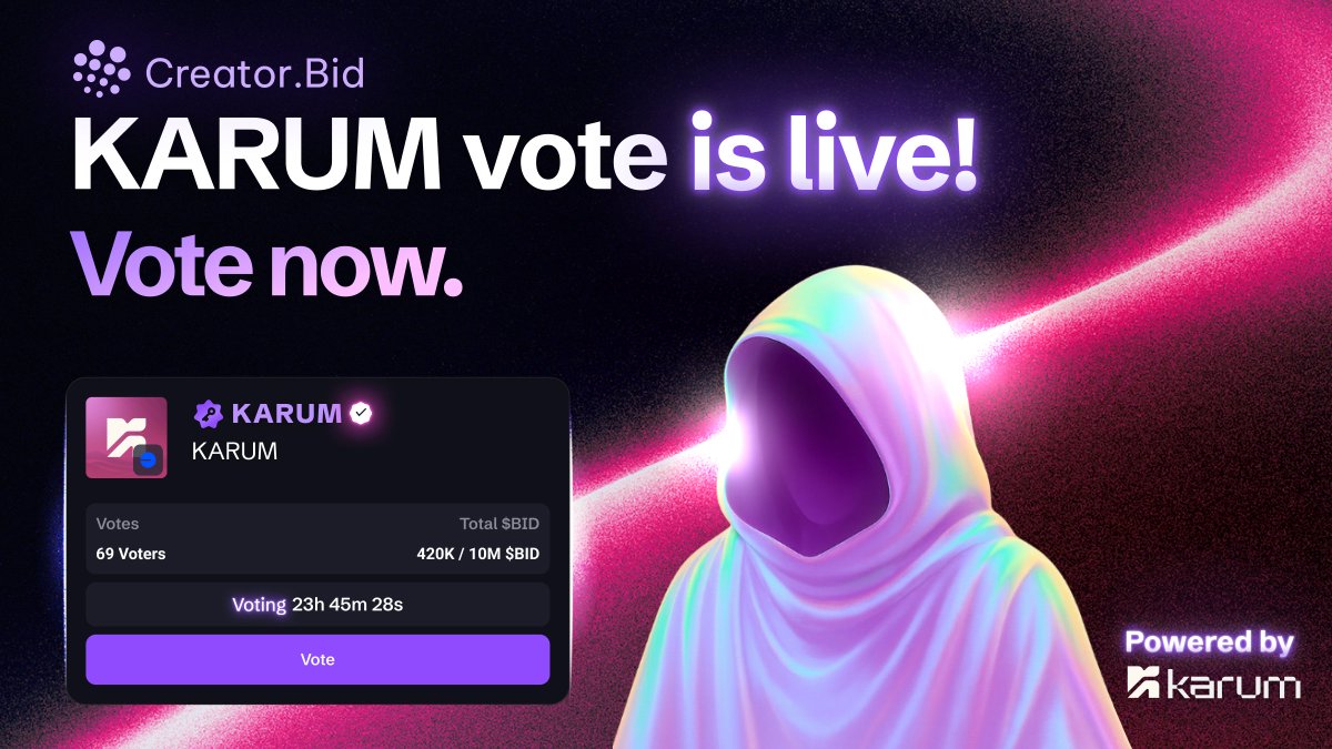 CreatorBid's tweet image. KARUM is now live for voting ⬆️
@karum_AI has officially entered the community curation process. You have 24 hours to cast your vote:
creator.bid/agents/687e0eb…
The new standard is in place, with 10M $BID votes being required to pass.
As always, DYOR, and vote with purpose.…