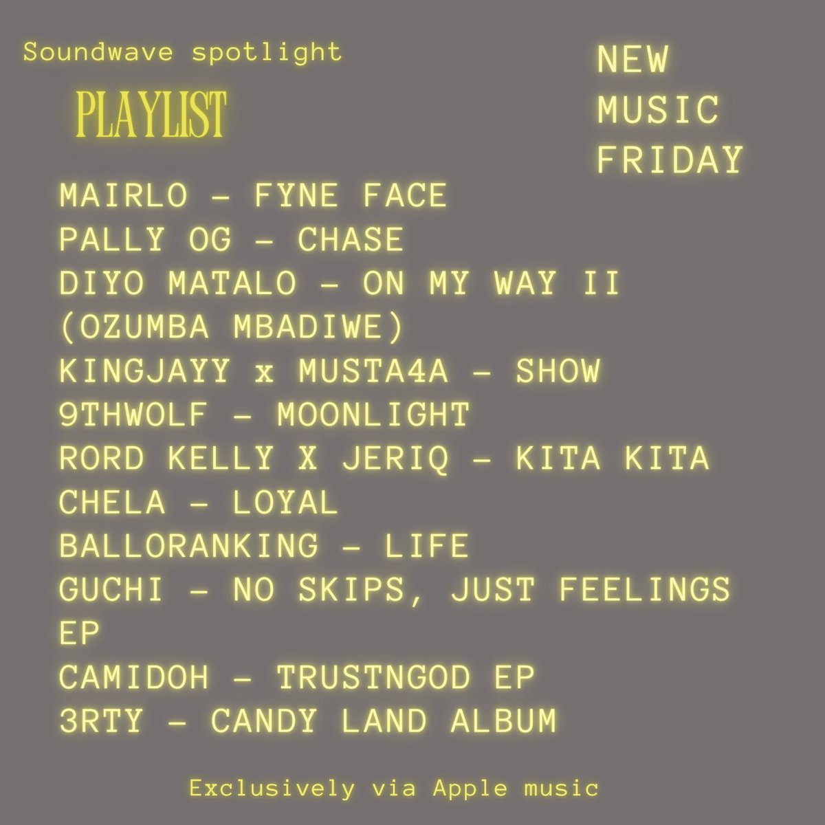 soundwavespot's tweet image. 🚨NEW MUSIC FRIDAY
📸 COVER ARTIST: @Mairlocrib
MAIRLO - FYNE FACE @Mairlocrib
PALLY OG - CHASE @Pally_Og
DIYO MATALO - ON MY WAY II (OZUMBA MBADIWE) @DiyoMatalo
KINGJAYY x MUSTA4A - SHOW
RORD KELLY X JERIQ - KITA KITA @Rordkelly @jeriqthehussla