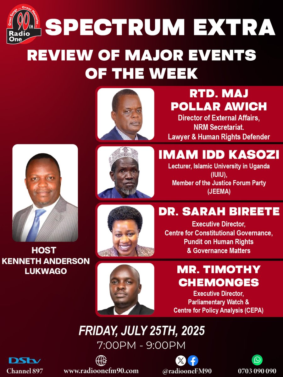 Radio One FM90 (@radioonefm90) on Twitter photo "REVIEW OF MAJOR EVENTS OF THE WEEK" - <a href="/awich_pollar/">@awich-pollar</a> <a href="/SarahBireete/">Dr. Bireete Sarah</a> <a href="/ChemongesTim/">Chemonges. M. Timothy</a>
Tonight, on Spectrum with <a href="/anderlukson/">Kenneth Anderson Lukwago</a>
<a href="/UGHighCommRWA/">Uganda High Commission KIGALI</a>
<a href="/UGHighCommDAR/">Uganda High Commission Dar-es-Salaam</a>
<a href="/NRMOnline/">NRM Party</a>
<a href="/UHRC_UGANDA/">Uganda Human Rights Commission (UHRC)</a>
<a href="/iuiuac/">Islamic University In Uganda</a>
<a href="/jeema256/">Justice Forum (JEEMA)</a>
<a href="/JudiciaryUG/">Judiciary Uganda</a>
<a href="/centre4policy/">CEPA</a>
<a href="/cepa/">CEPA</a>
<a href="/pwatchug/">Parliament Watch</a>
#RadioOne #FM90 #SPECTRUM "REVIEW OF MAJOR EVENTS OF THE WEEK" - <a href="/awich_pollar/">@awich-pollar</a> <a href="/SarahBireete/">Dr. Bireete Sarah</a> <a href="/ChemongesTim/">Chemonges. M. Timothy</a>
Tonight, on Spectrum with <a href="/anderlukson/">Kenneth Anderson Lukwago</a>
<a href="/UGHighCommRWA/">Uganda High Commission KIGALI</a>
<a href="/UGHighCommDAR/">Uganda High Commission Dar-es-Salaam</a>
<a href="/NRMOnline/">NRM Party</a>
<a href="/UHRC_UGANDA/">Uganda Human Rights Commission (UHRC)</a>
<a href="/iuiuac/">Islamic University In Uganda</a>
<a href="/jeema256/">Justice Forum (JEEMA)</a>
<a href="/JudiciaryUG/">Judiciary Uganda</a>
<a href="/centre4policy/">CEPA</a>
<a href="/cepa/">CEPA</a>
<a href="/pwatchug/">Parliament Watch</a>
#RadioOne #FM90 #SPECTRUM
