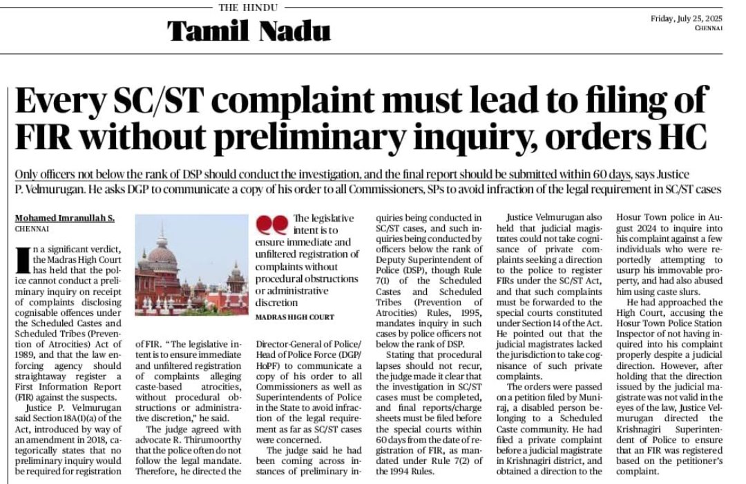garvit_sethii's tweet image. What kind of justice is this?
The Madras High Court has ordered that every SC/ST complaint must lead to an FIR without any preliminary inquiry.
No verification. No scrutiny. Just direct FIR — even if the allegation is false.
❗Is this justice or legalised caste privilege?…