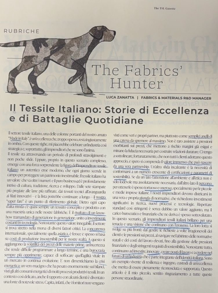 Luca Zanatta, Head of Fabrics &amp; Materials Research presso Diesel, per The TSL Gazette - Il Tessile Italiano: Storie di Eccellenza e di Battaglie Quotidiane

Il settore tessile italiano, una delle colonne portanti del nostro amato “Made in Italy”, è un’eccellenza che, troppo