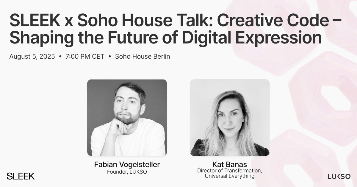 Join <a href="/feindura/">Fabian Vogelsteller</a> &amp; <a href="/KatBanas/">Kat Banas</a> for an exclusive talk hosted by SLEEK Magazine, Europe's leading voice on art, fashion, and photography.

"Creative Code – Shaping the Future of Digital Expression."

Soho House Berlin ∙ Aug 5 ∙ 7-9pm

RSVP: eventcreate.com/e/sleek-talk-c…