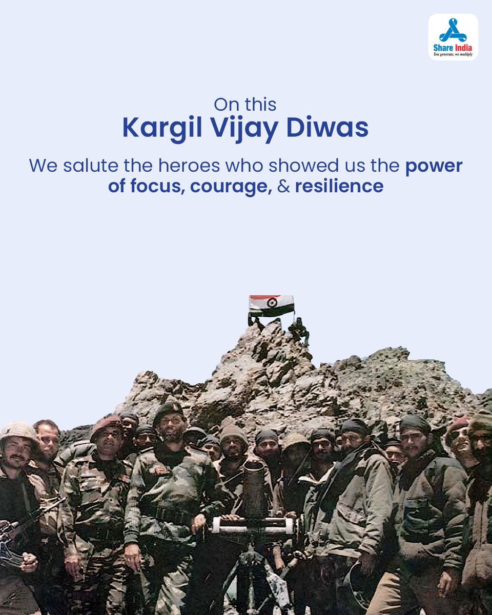 shareindiasec's tweet photo. On Kargil Vijay Diwas, we honour our soldiers who showed us how to win with purpose.
 
#KargilVijayDiwas #InvestWithDiscipline #FinancialFreedom #StrategicThinking #IndiaInvests #JaiHind #SmartInvesting #ShareIndia
 
[Kargil Vijay Diwas, Indian Army tribute, Financial discipline, Wealth with purpose, Investing mindset, Long-term investing, Strategic wealth, Inspired by Kargil, Financial independence India, Investing for the future, Legacy planning, Smart investing India, Risk & reward, Portfolio strategy]