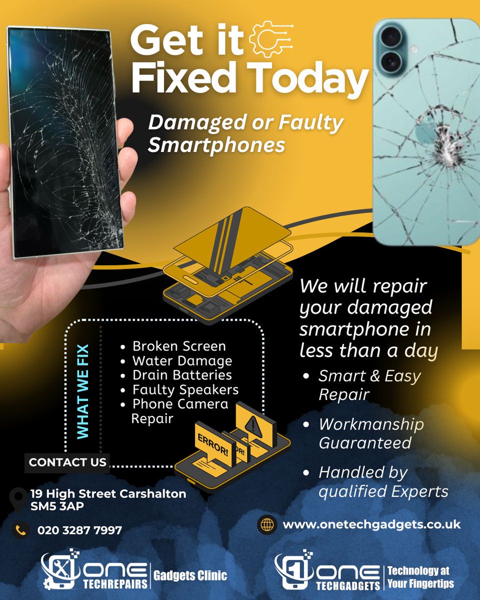 OneTechGadgets's tweet image. 🛠️ Cracked iPhone or Samsung screen?

Walk in today for fast mobile repair services in our #Carshalton Store! We&apos;re next to Domino&apos;s Pizza on the High Street. 

#iPhoneRepair #samsungphonerepair  #PhoneRepairs #computerrepair #pcrepair