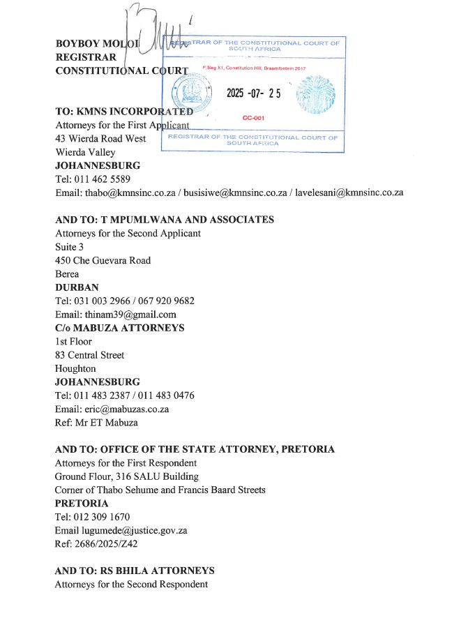 ConCourtSA's tweet image. (1/1) CCT 206/25 Jacob Gedleyihlekisa Zuma v President of the Republic of South Africa: The Chief Justice has issued the following directions—
