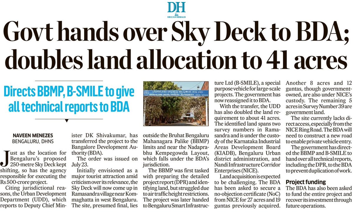 naveenmzs's tweet image. Just like the location kept shifting, so did the agency!
Bengaluru’s Rs 500-cr Sky Deck now handed to BDA, with land allocation doubled to 41 acres.
#Bengaluru #SkyDeck
