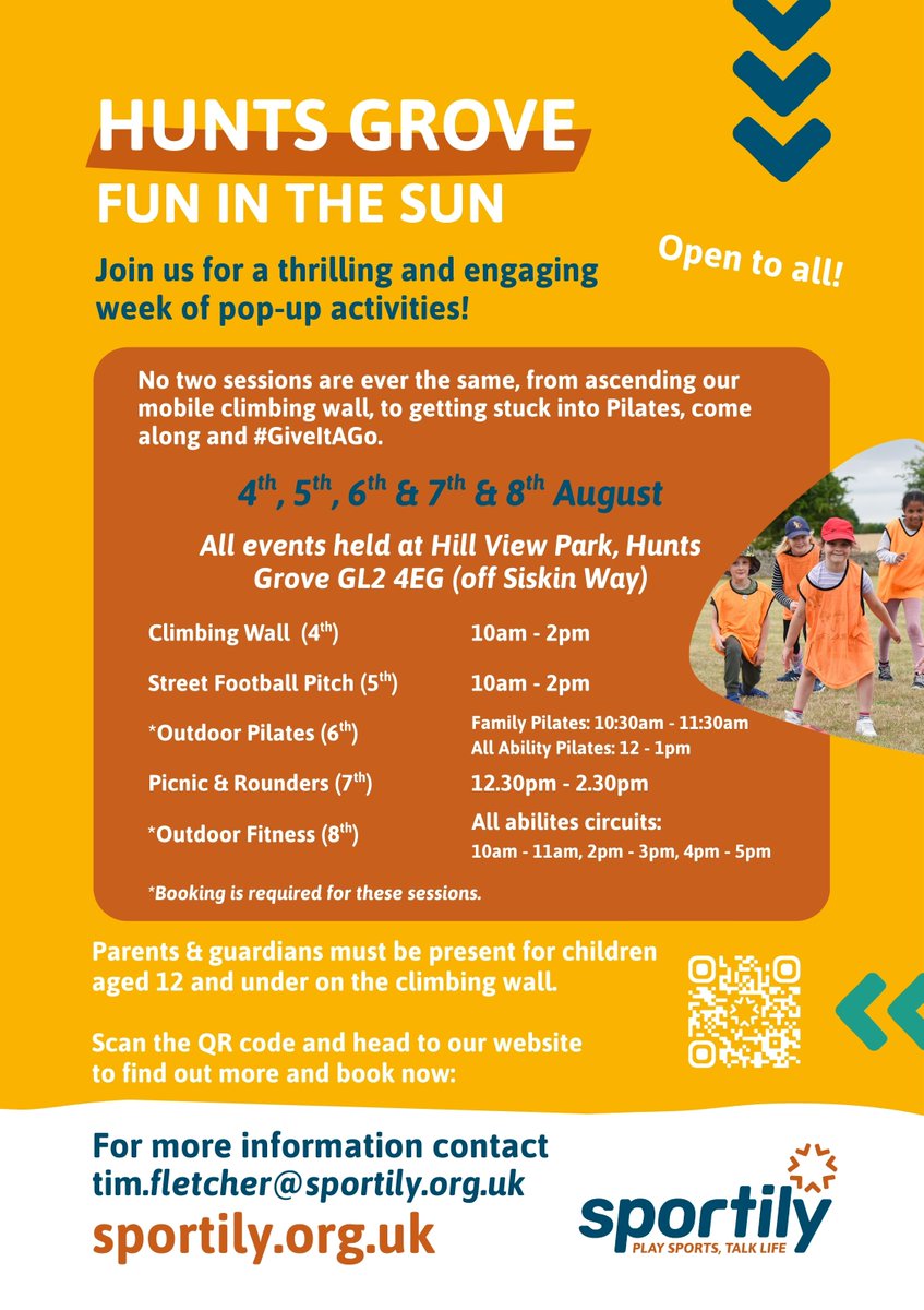 🌞 Something to look forward to! Hunts Grove: Fun in the Sun is coming soon with a week of exciting pop-up activities—from climbing walls to Pilates. Open to all—come along and #GiveItAGo!

To find out more, click here: sportily.org.uk/323/Hunts-Grov…