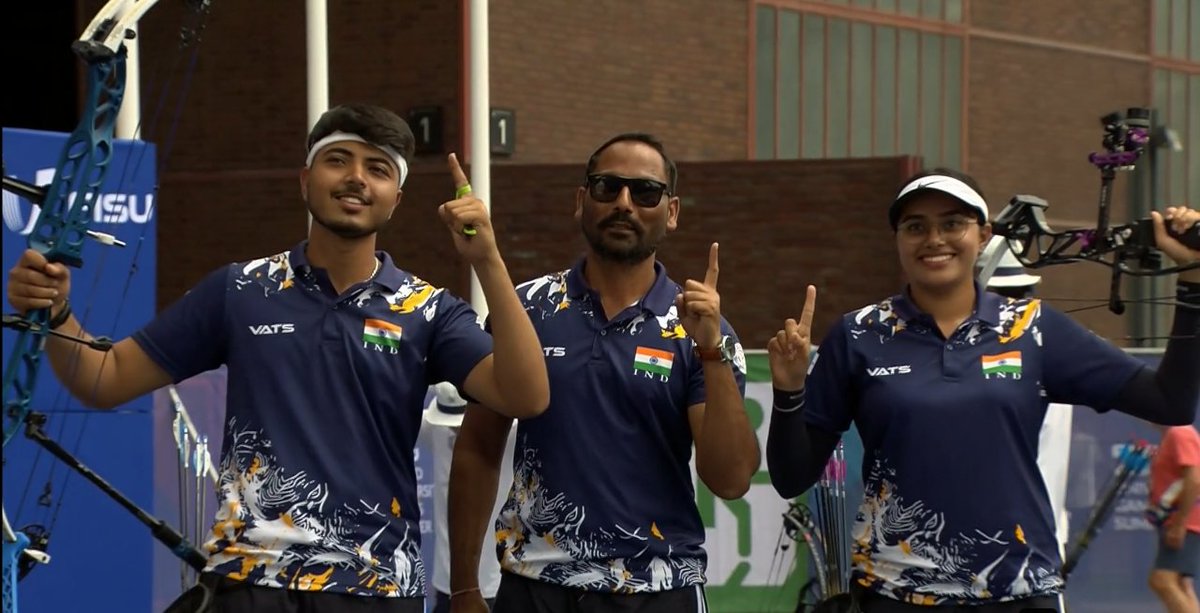 The Indian Mixed Compound team of Parneet Kaur and Kushal Dalal wins gold in the FISU World University Games 2025 in Essen, with a 157-154 win against South Korea. The pair kept its nerve in the second half of the match with 8 10s to overturn a 1-point deficit.
📷: Screenshot