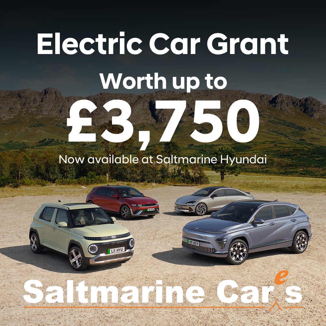 Saltmarine (@saltmarinecars) on Twitter photo ❗BIG NEWS
The Government Grant for new Electric Cars is now available at Saltmarine!
- £3,750 towards the cost of a brand new INSTER
- £1,500 towards the cost of all other electric Hyundai models
☎️Contact Saltmarine Hyundai today on 028 8772 3376 or email sales@saltmarine.com ❗BIG NEWS
The Government Grant for new Electric Cars is now available at Saltmarine!
- £3,750 towards the cost of a brand new INSTER
- £1,500 towards the cost of all other electric Hyundai models
☎️Contact Saltmarine Hyundai today on 028 8772 3376 or email sales@saltmarine.com