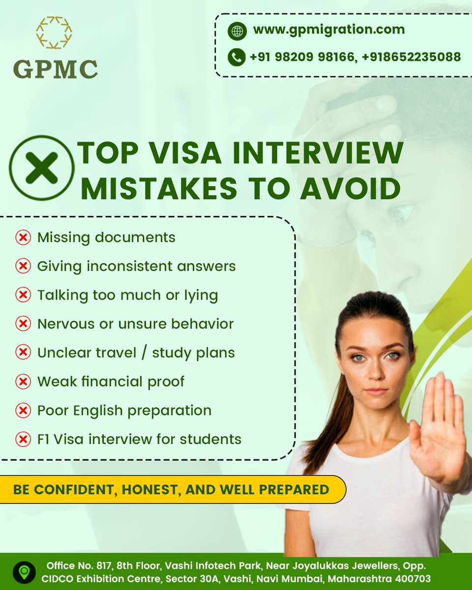 GpmcO6725's tweet image. Don’t Let These Mistakes Ruin Your Visa Interview!
From missing documents to weak financial proof – avoid the common errors that can lead to rejection.
#gpmc #visainterviewtips #studentvisa #f1visa #visamistakes #studyabroad #visasuccess #visainterviewpreparation #gpmigration