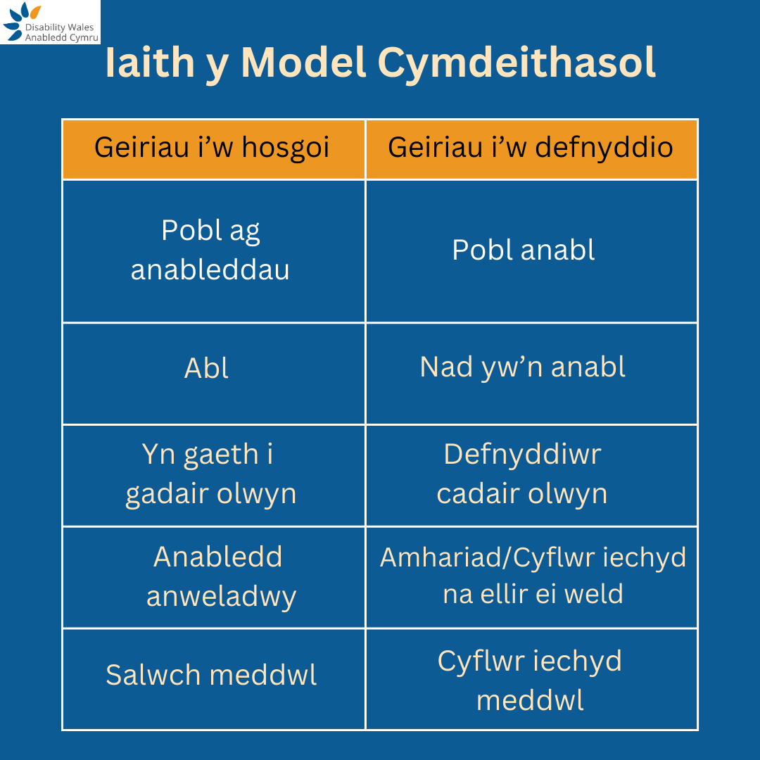 Mae iaith yn bwysig — gall rymuso neu wthio pobl anabl i'r ymylon.

Dyma rai geiriau ac ymadroddion i'w defnyddio a'u hosgoi yn unol â'r Model Cymdeithasol o Anabledd.

Dysgwch fwy yn ein Pecyn Cymorth Model Cymdeithasol:
disabilitywales.org/resources/