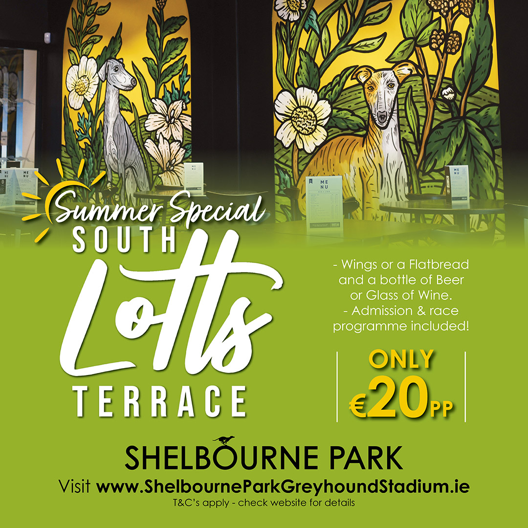 shelbournepark's tweet image. ☀️Sun, snacks & thrilling racing in Dublin!
Enjoy our Summer Special at South Lotts Terrace, wings or flatbread plus a drink, admission & race programme all for just €20 per person.
The perfect way to spend a summer evening!
Book now ShelbourneParkGreyhoundStadium.ie…