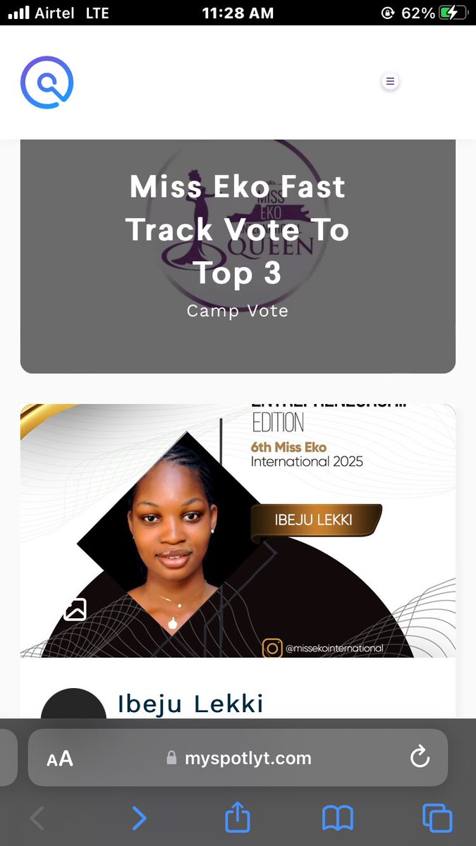 Make una help me ehhhhh. I have my junior sister contesting for Miss Eko 2025 and she part of the the Top 10 contestants remaining but right now I all the votes I can get for her, so he can get to Top 3 contestants.