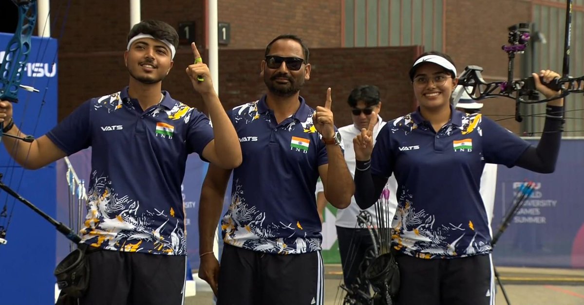 BREAKING: 1st GOLD MEDAL FOR INDIA AT WORLD UNIVERSITY GAMES IN GERMANY 🔥 

Indian duo Parneet &amp; Kushal win Gold medal in Archery Compound Mixed team event and did it in style beating powerhouse South Korea 157-154 in Final. 

#Archery #RhineRuhr2025 #FISU2025