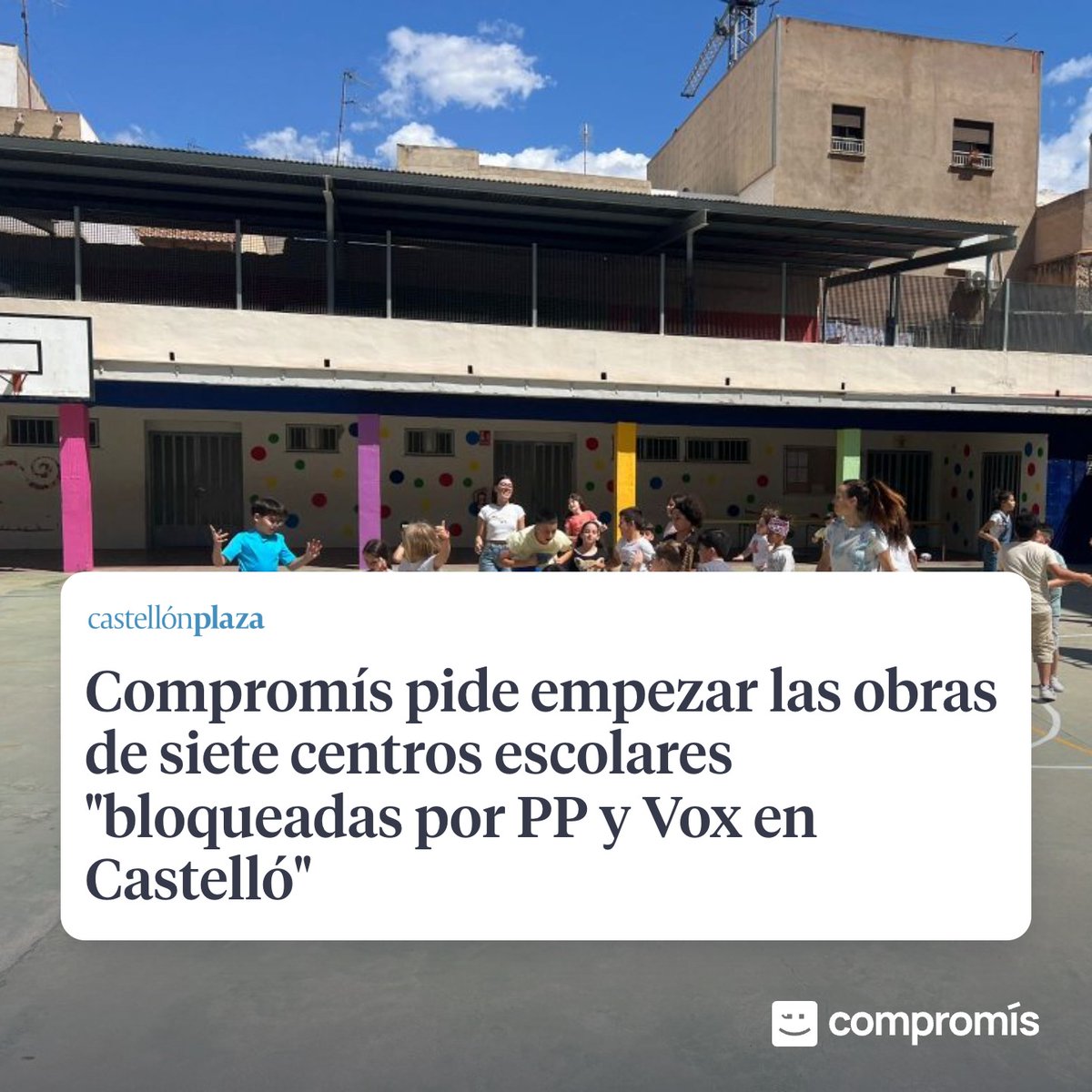compromis's tweet image. El boicot del PP i Vox a l'escola pública arriba fins al punt de bloquejar obres i reformes claus en els centres educatius.
Exigim la posada en marxa de les obres als centres Cervantes, Sant Agustí, Bisbe Climent, Mestre Armelles, Carles Selma i el Jaume I; i la construcció del…