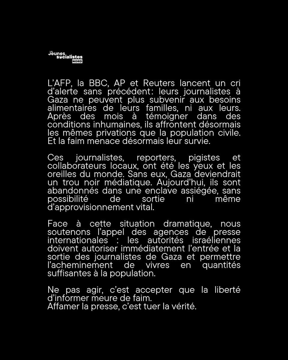 🔴🇵🇸 Les journalistes à Gaza, après des mois à couvrir l'horreur, n'ont plus de quoi se nourrir ni nourrir leurs familles. Leur survie est en jeu.

Ne pas agir, c’est laisser mourir la liberté d’informer.
Affamer la presse, c’est tuer la vérité.