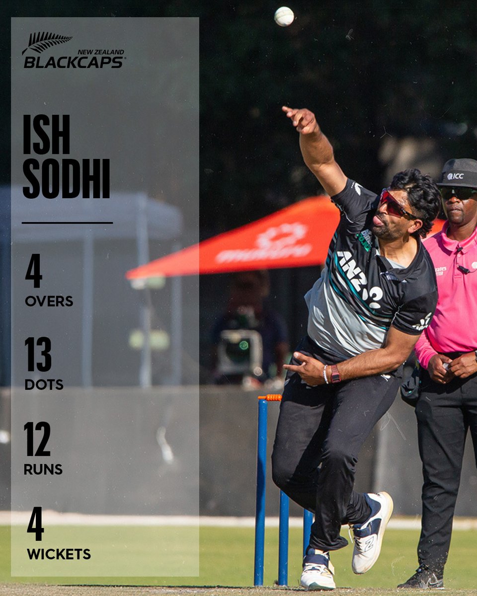 BLACKCAPS's tweet image. 11 years, 150 T20I wickets, and a career-best haul to top it off! ✅
A proud moment for Ish Sodhi taking 4-12 to bring up his 150th T20I wicket for New Zealand, just over a decade since making his T20I debut vs the West Indies in 2014.
#ZIMvNZ #CricketNation 📷 = Zimbabwe…