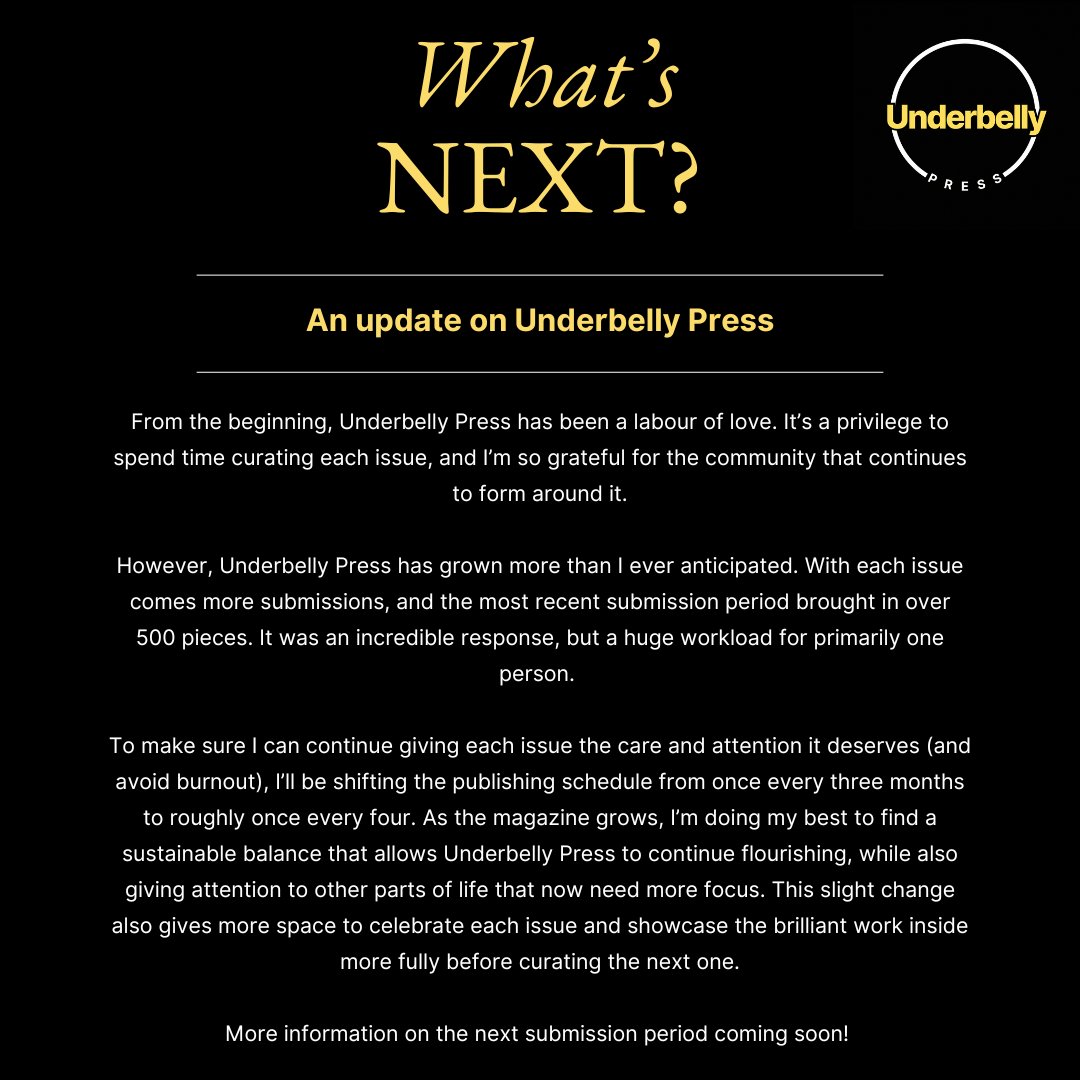 What's next?
To make sure I can continue giving each issue the care and attention it deserves (and avoid burnout), I’ll be shifting the publishing schedule from once every three months to roughly once every four. 

More information on the next submission period coming soon!