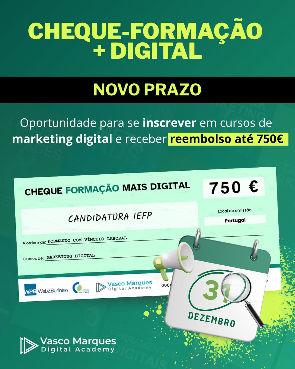 vascomarquesnet's tweet photo. 🚨 Novo prazo para o Cheque-Formação + Digital 🚨

👉 A data limite foi alargada para 31  de  dezembro de  2025. Aproveite esta oportunidade para receber até 750 € de reembolso em formações de marketing digital.

 🔗 https://t.co/kE0hklffPB https://t.co/SRoCmxZcTa