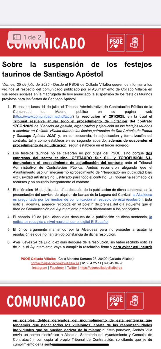JOSÉ LUIS GARCÍA (@jluisgarcias22) on Twitter photo El <a href="/ppmadrid/">PP Comunidad de Madrid</a> acude a socorrer a la alcaldesa de <a href="/colladovillalba/">Collado Villalba</a> para justificar la suspensión de los festejos taurinos en su pueblo, siendo ellos los únicos responsables por intentar mantener un contrato anulado por el Tribunal Contratación y encima miente. No les falta de nada. El <a href="/ppmadrid/">PP Comunidad de Madrid</a> acude a socorrer a la alcaldesa de <a href="/colladovillalba/">Collado Villalba</a> para justificar la suspensión de los festejos taurinos en su pueblo, siendo ellos los únicos responsables por intentar mantener un contrato anulado por el Tribunal Contratación y encima miente. No les falta de nada.