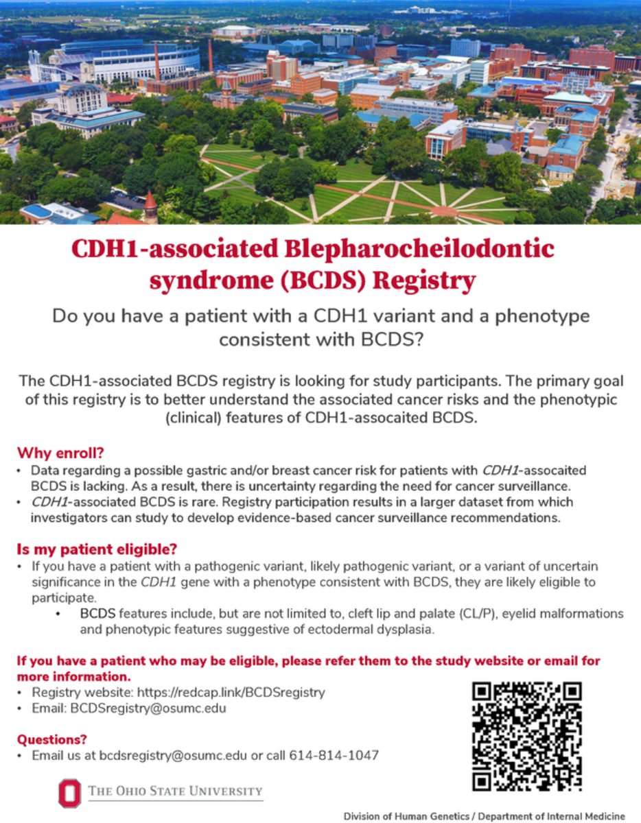 CGAIGC's tweet image. 📢Do you have a patient w/ a CDH1 variant & phenotype consistent w/ Blepharocheilodontic syndrome (BCDS)?
➡️@OhioState is looking to recruit patients with CDH1-associated BCDS for their new registry.
📍Learn more about why you should consider enrolling your patient & other…