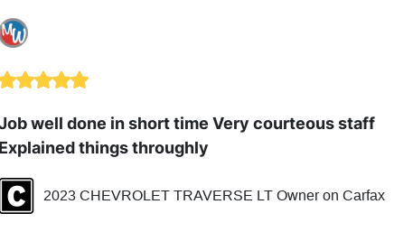 We just received a great review on Carfax. Thank you 2023 CHEVROLET TRAVERSE LT Owner!