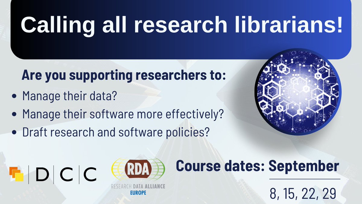 digitalcuration's tweet image. 📚Calling all research librarians!
Are you supporting researchers to manage their data and software more effectively? We're partnering with @RDA_Europe to deliver virtual training in September
🔗Register with up to three colleagues from your institution bit.ly/3GxUuD7