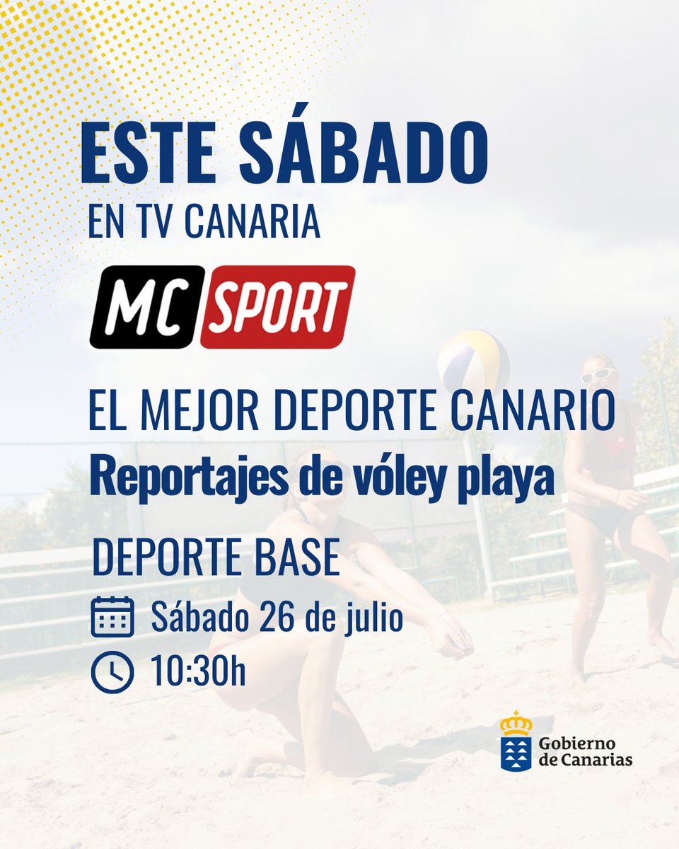📺 Este sábado 26 de julio a las 10:30 h
📍 TV Canaria → MC Sport
🏐 Reportajes de vóley playa y lo mejor del deporte base canario.

No te lo pierdas.
#DeporteCanario #VóleyPlaya #MCsport