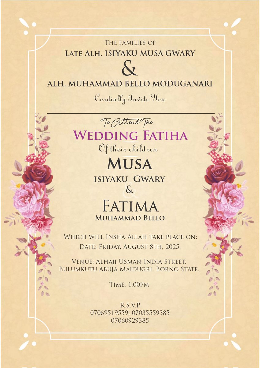 MusaGwary's tweet image. Bismillahir Rahmanir Raheem
I humbly invite you to my wedding, which will take place on 8th August 2025, inshaa Allah. Your prayers, blessings, and well wishes are deeply appreciated.
Thank you sincerely for your support.
Musa Gwary ✍️