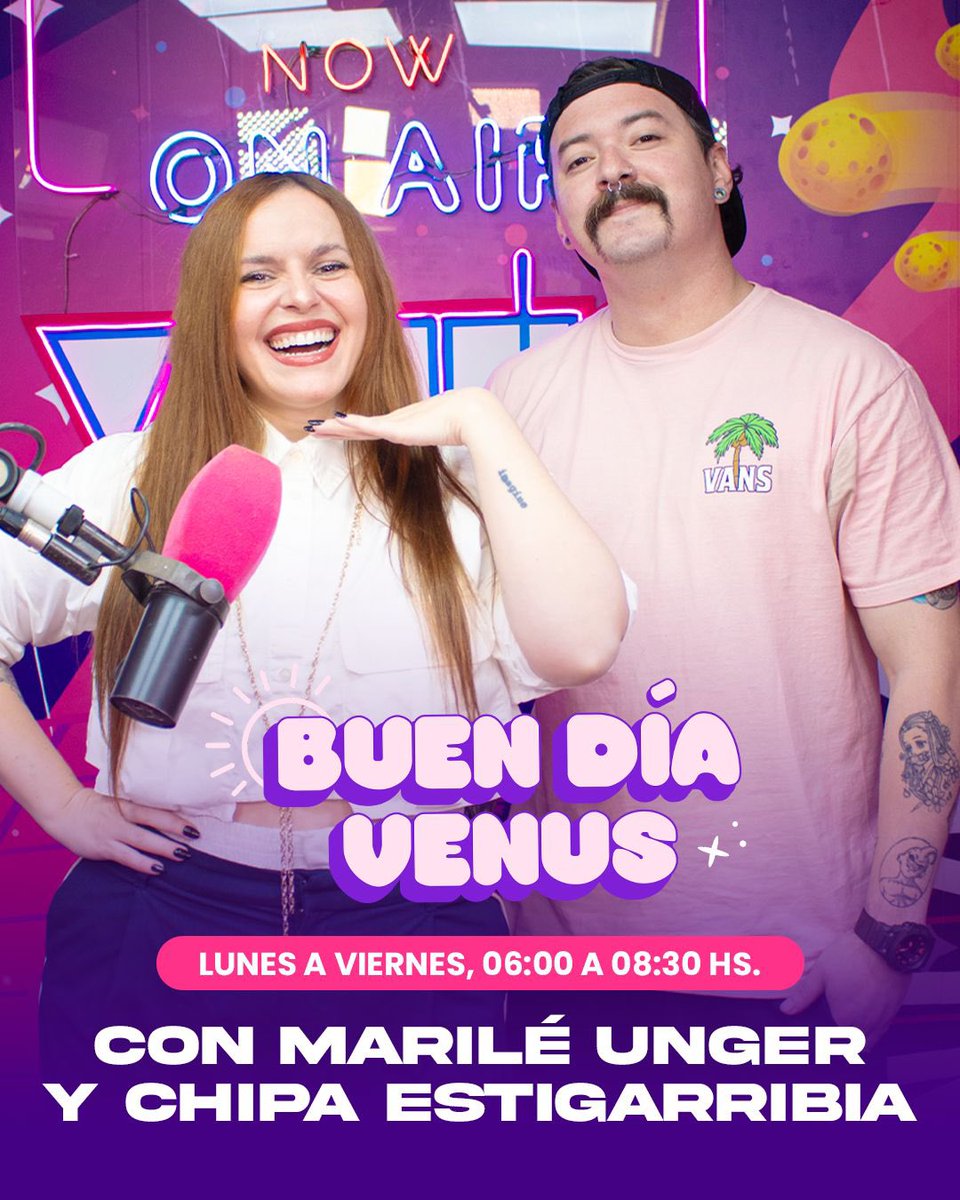 venusmedia's tweet photo. 💜 ¡BUEEEN DÍA VENUS!

🙂‍↔️ Este team es el que amanece contigo a través de la 105.1 FM por donde sea que estés.

🌟 Con @MarileUnger &amp; @chipadice siempre hay sólo éxito en este boliche.

📻 ¡Sumateee ya mismo! https://t.co/pfXEPLrT7m