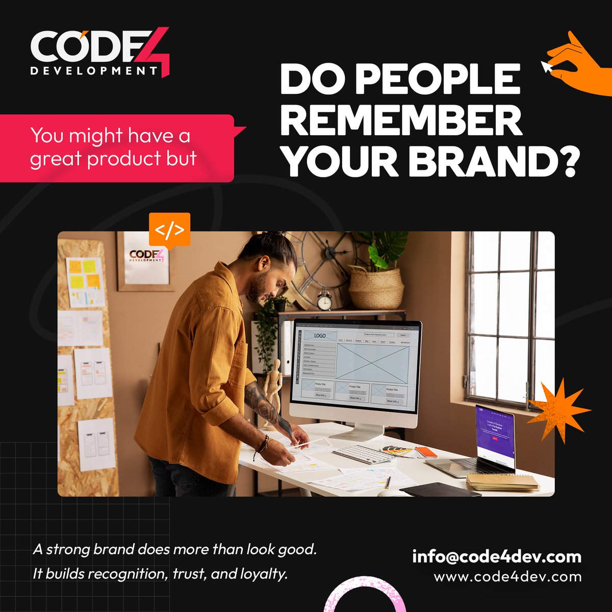 Code4DevX's tweet image. You might have a great product, but do people remember your brand?
At Code4Dev, we help you:
🎨 Build a strong brand identity
📣 Craft consistent messaging
🧠 Stand out in crowded markets
Turn your business into a brand that people remember!🤔
#BrandStrategy #BuildaBrand