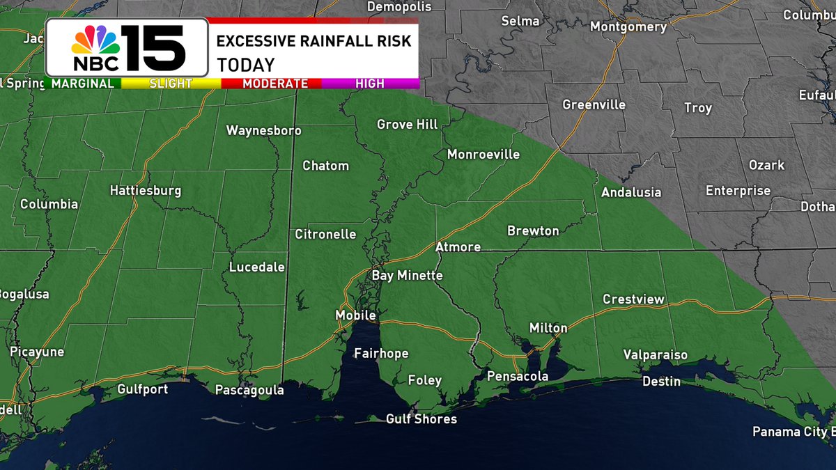 Kelly_WPMI's tweet image. #TGIF everybody! Scattered showers & storms will be around 🌧☔with about a 2/3 chance wet weather finds you. Some storms will be capable of heavy rain. The NBC 15 area is under a marginal excessive rainfall risk that could lead to flash flooding @mynbc15 mynbc15.com/weather