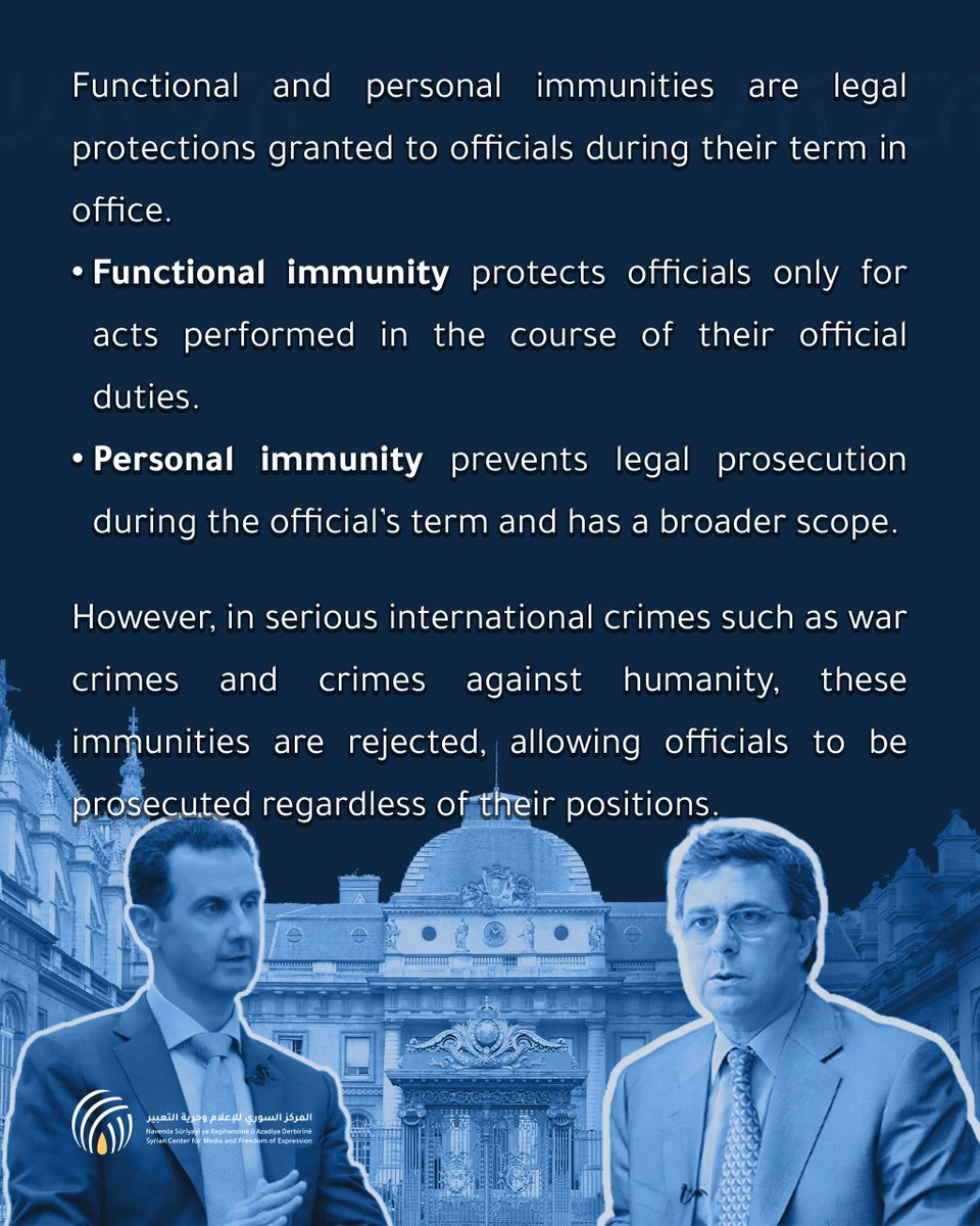 Syrian Center for Media and Freedom of Expression (@syriancenter) on Twitter photo What do personal and functional immunities mean, which the French Court of Cassation will examine today?
<a href="/CRDEurope/">Civil Rights Defenders Europe</a>
<a href="/syrian_archive/">SyrianArchive</a>
<a href="/P4HR/">Physicians for Human Rights</a>
<a href="/OSFJustice/">Open Society Justice Initiative</a>
<a href="/fidh_en/">FIDH</a> What do personal and functional immunities mean, which the French Court of Cassation will examine today?
<a href="/CRDEurope/">Civil Rights Defenders Europe</a>
<a href="/syrian_archive/">SyrianArchive</a>
<a href="/P4HR/">Physicians for Human Rights</a>
<a href="/OSFJustice/">Open Society Justice Initiative</a>
<a href="/fidh_en/">FIDH</a>