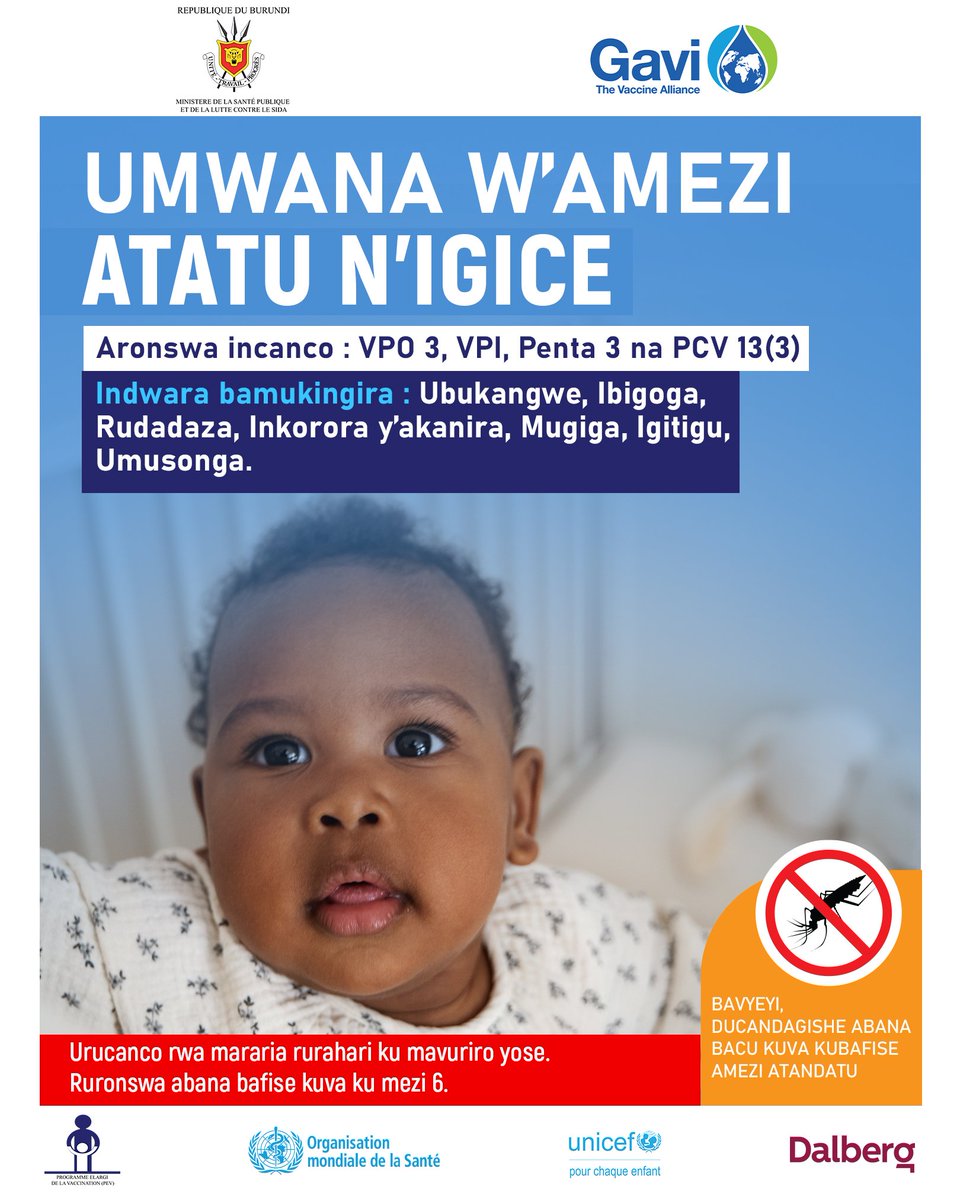 👶 Umwana afise amezi atatu n'igice aronswa icanco zigera kuri 4️⃣, agakingigwa indwara zigera kuri 7️⃣.

🤱🏾Bavyeyi twijukire gucandagisha abana bacu ni ngirakamakamaro ku magara yabo.

📌MN: Urucacanco rukinga indwara ya Marariya rurahari, rutangwa guhera ku mezi 6.
 #PEV #Burundi
