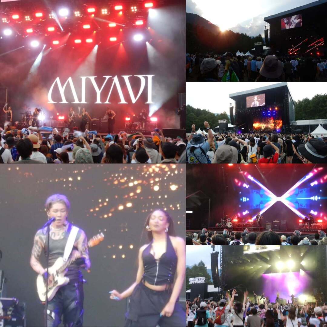 waskaz's tweet image. 17:40 ホワイトステージにMIYABIが登場。先ほどのROW HOOはギターを叩いて、MIYABIはバンバン弾きます。のっけからカッコ良すぎ。スピード速すぎ。凄テク2連チャン。
西陽が田代の山に落ちると、照明効果が出て素晴らしい。一気にラストまで走ります。