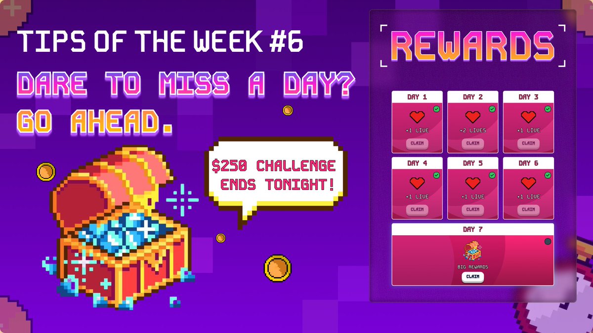 DashOnSei's tweet image. 🧠TIP OF THE WEEK #6 - Dare to miss a day? Go ahead.

Check in daily to stack free lives and survive longer in the madness.

🎮 More lives = more chances to fail in style.
🎮 Miss a check-in? Get wrecked.

💸 $250 Challenge ends tonight.
Winner reveal soon. New chaos incoming. 👀…