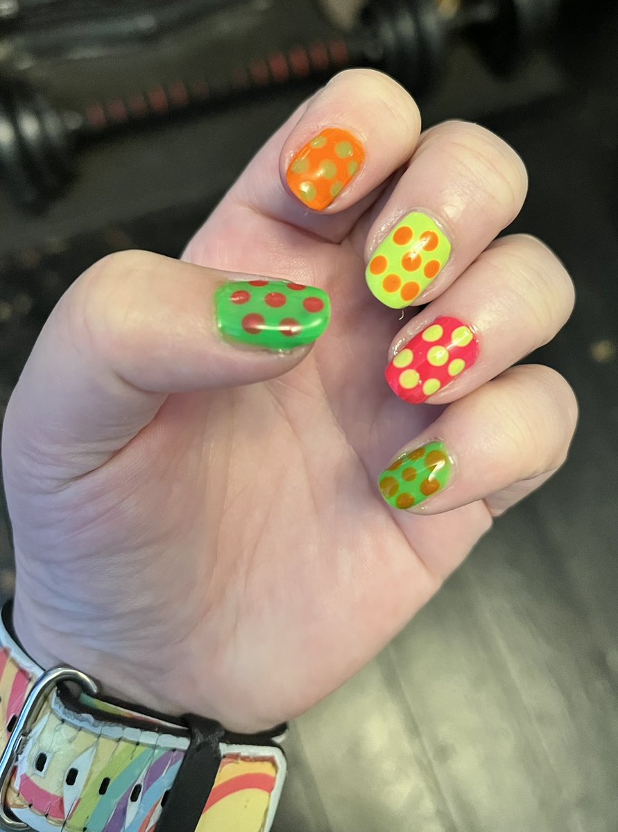 This week’s nails… the 10k walk is 80s themed so gone for a bit of neon!