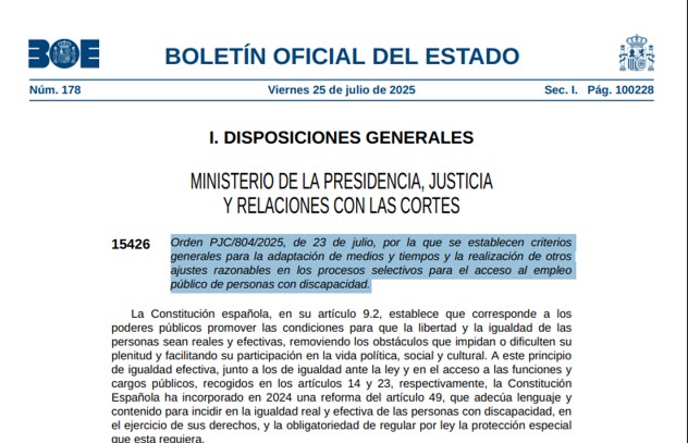 PTSExtremadura's tweet image. 📢 El BOE publica hoy la adaptación de medios y tiempos para personas con discapacidad en los procesos selectivos de la Administración del Estado.
Se garantiza accesibilidad, apoyos personales y técnicos, más tiempo y ajustes individuales.