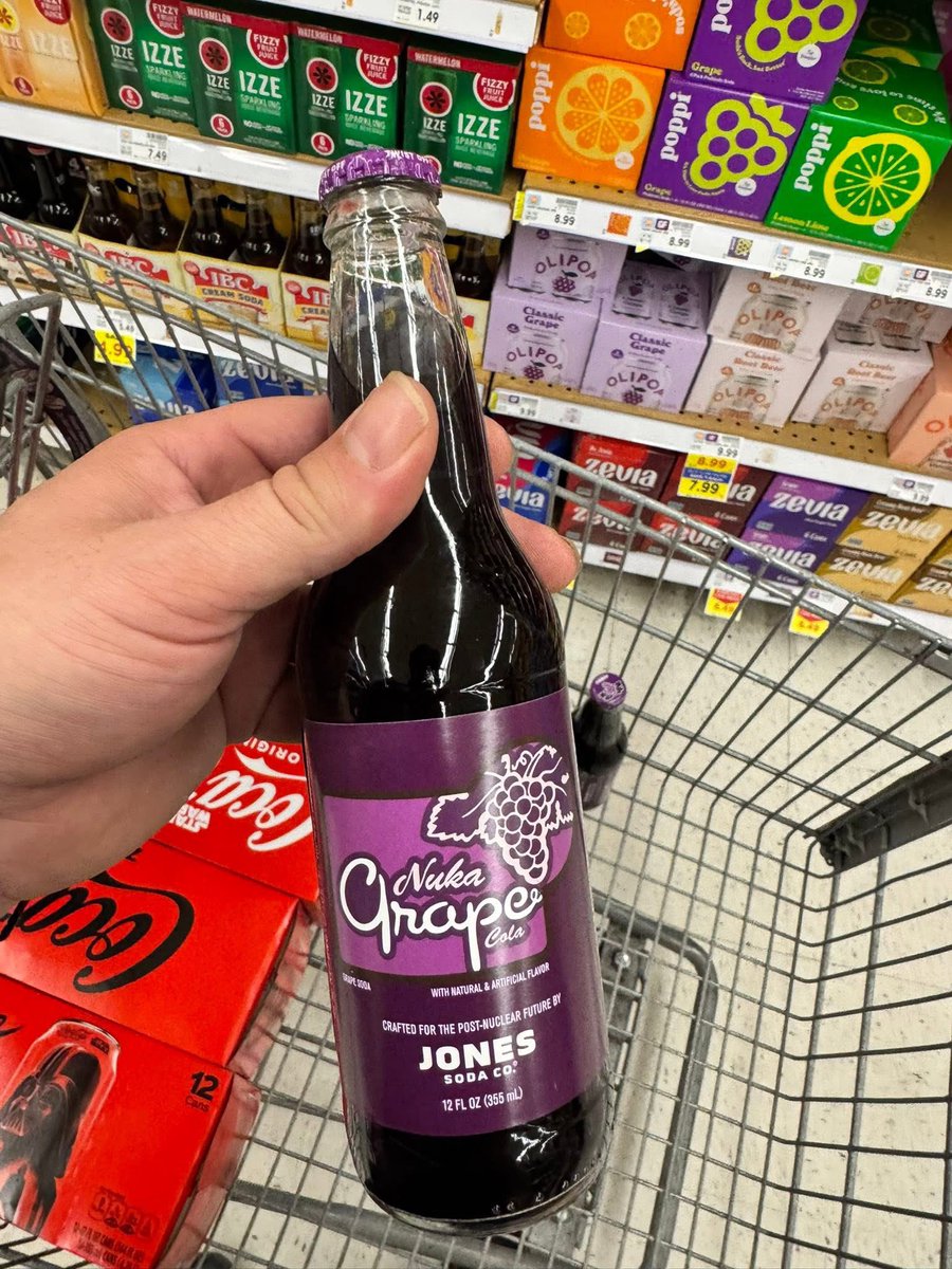 FilmsFallout's tweet image. I love how every new flavor from Jones Soda’s Nuka line gets put on shelves before official release dates. Nuka Grape spotted in store in Tucson at their local fry’s.
Will you get some Nuka Grape?