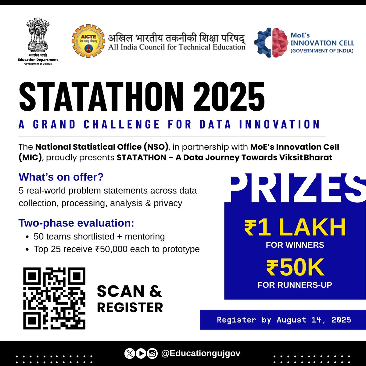 STATATHON 2025: A Grand Challenge for Data Innovation 🚀

What’s on offer?
💡 5 real-world problem statements across data collection, processing, analysis &amp; privacy 

Register by August 14, 2025 at the official portal! 

🔗 Register now: gc.mic.gov.in/home

#STATATHON2025