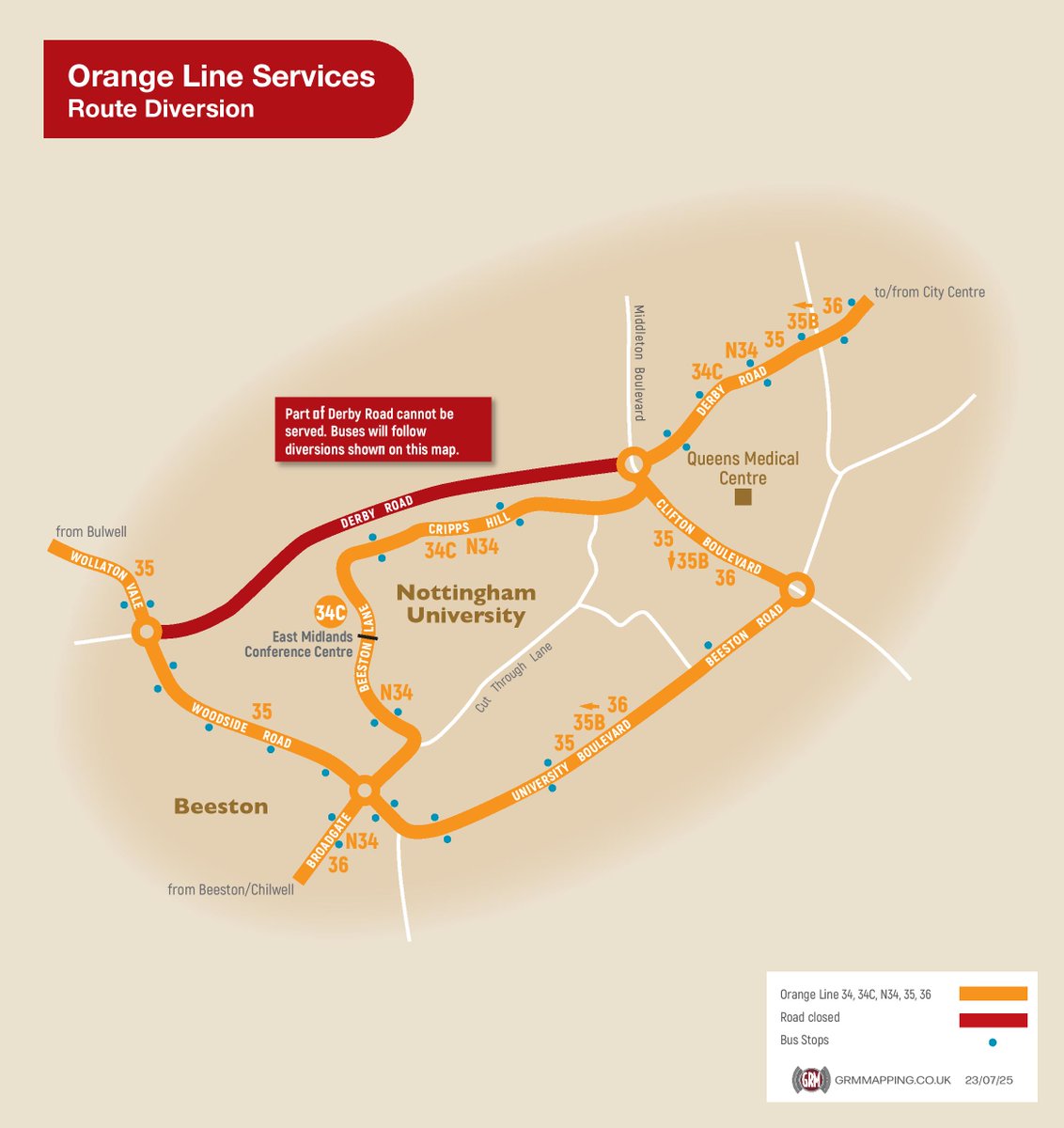 NCT_Buses's tweet image. Derby Road will be closed for buses towards City each night from Monday 28th July until Friday 1st August 2025 inclusive.
We will be able to serve QMC during these works.
Info: nctx.co.uk/service-updates