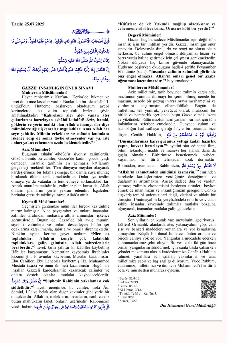 "Bugünün ashâbu'l-uhdûd'u siyonist zalimlerdir!"

"Gazze, İnsanlığın Onur Sınavı" başlıklı cuma hutbesi yine çok güzeldi.

Hazırlayanların eline sağlık.

#Gazze #Filistin #hutbe #HayırlıCumalar