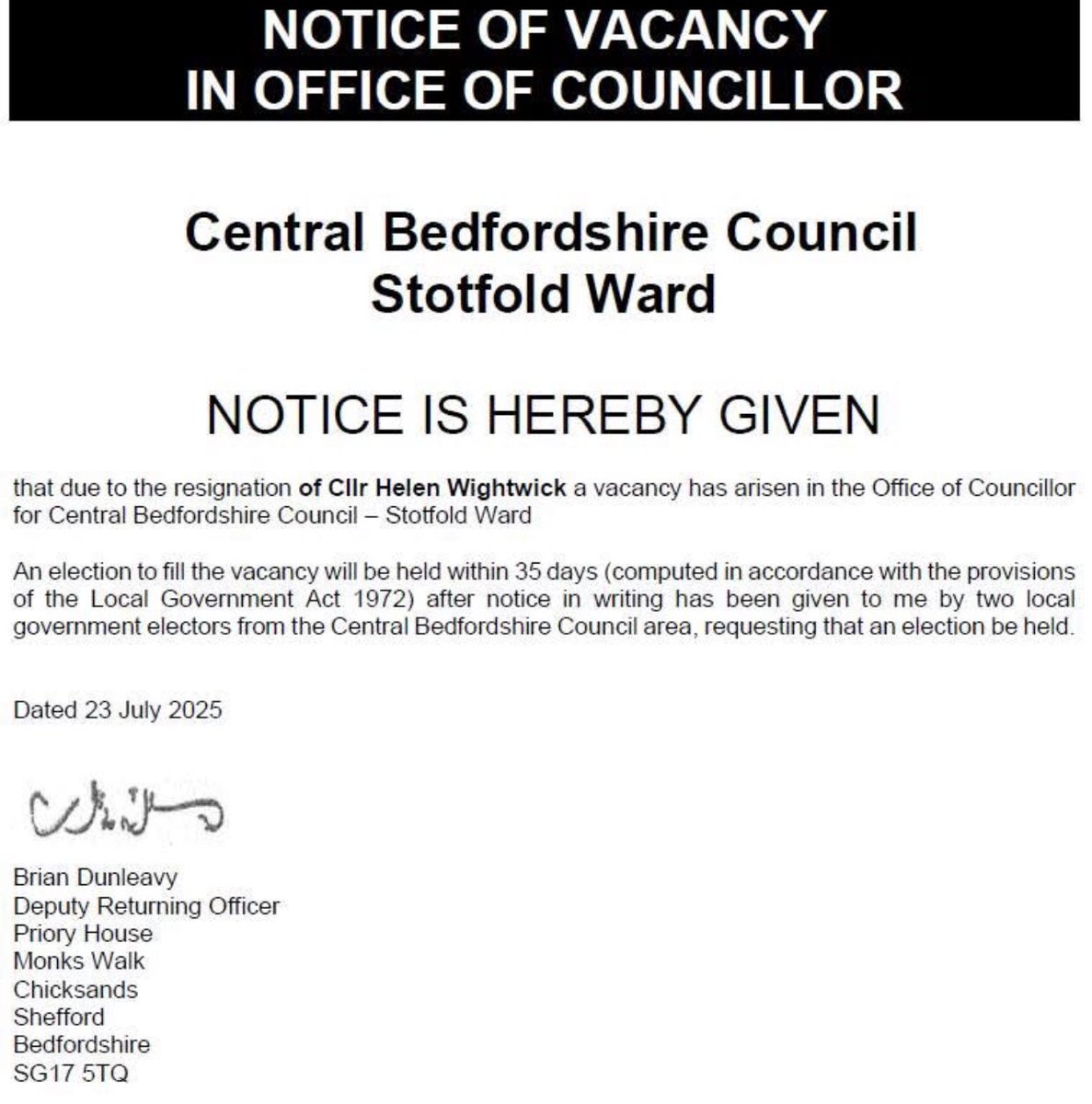 A Labour Councillor has resigned from Central Bedfordshire Council and so we’ll be having a by-election.  No date fixed yet but likely late August/early September.