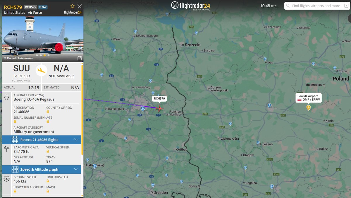 PolishMilRadar's tweet image. 📅25.07 🕓 12:48LT
🇺🇸 Siły Powietrzne USA #USAF
✈️ Boeing KC-46A Pegasus "21-46086"
#RCH579 zniża ⬇️
🛫 Baza lotnicza Fairfield #KSUU 🇺🇸
🛬 Baza Lotnicza Powidz #EPPW 🇵🇱
🔗flightradar24.com/RCH579/3b695081
#POLMILRADAR