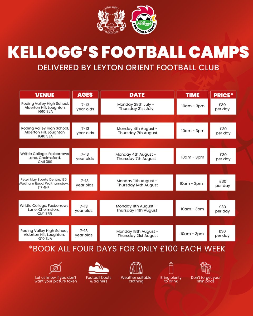 Leyton Orient FC (@leytonorientfc) on Twitter photo Kellogg's Football Camps - delivered by the O's - get started from tomorrow! ⚽️
👉 shorturl.at/t98hr 
#LOFC #OneOrient Kellogg's Football Camps - delivered by the O's - get started from tomorrow! ⚽️
👉 shorturl.at/t98hr 
#LOFC #OneOrient