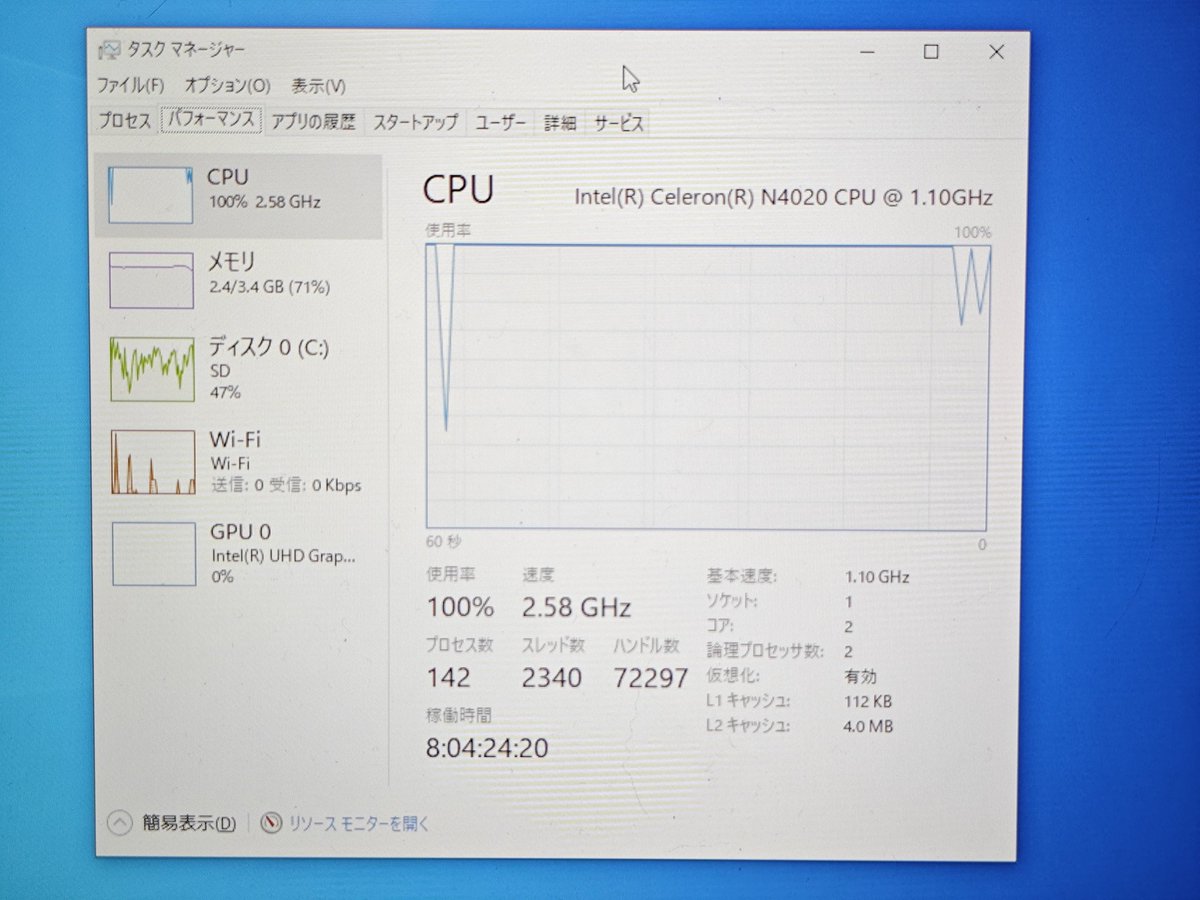 日本の公立小学校から貸与されたポンコツPCの中身がこちらです
アプリ何も開いてない状況でずっとCPUフル回転してるwww

控えめに言ってゴミスペックすぎ
これで一体何をやれと…
PC嫌いの子供を量産したいんですかね？