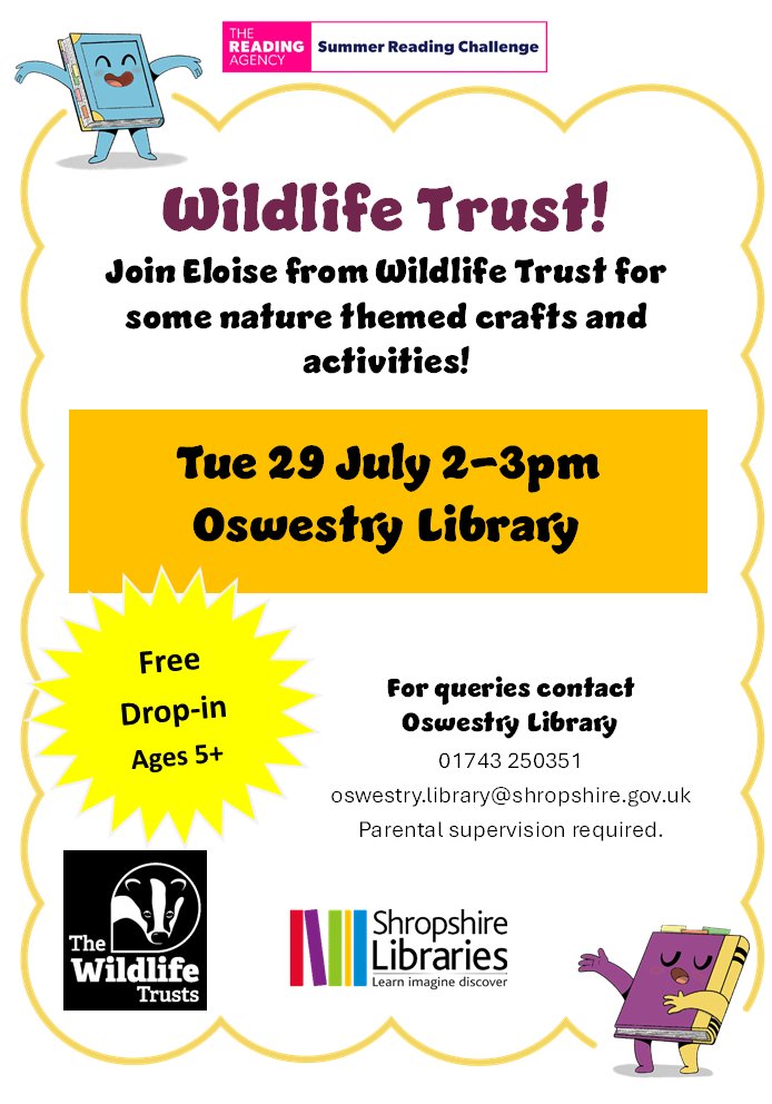 Oswestry Library (@oswestrylibrary) on Twitter photo 🦡Join Eloise from <a href="/ShropsWildlife/">Shropshire Wildlife Trust</a> for some nature themed crafts and activities!🌿
Tuesday 29 July 2-3pm
Suitable for children aged 5 and up. No booking required, just come along. Parental supervision required at all times.
#StoryGarden #SummerReadingChallenge 🦡Join Eloise from <a href="/ShropsWildlife/">Shropshire Wildlife Trust</a> for some nature themed crafts and activities!🌿
Tuesday 29 July 2-3pm
Suitable for children aged 5 and up. No booking required, just come along. Parental supervision required at all times.
#StoryGarden #SummerReadingChallenge