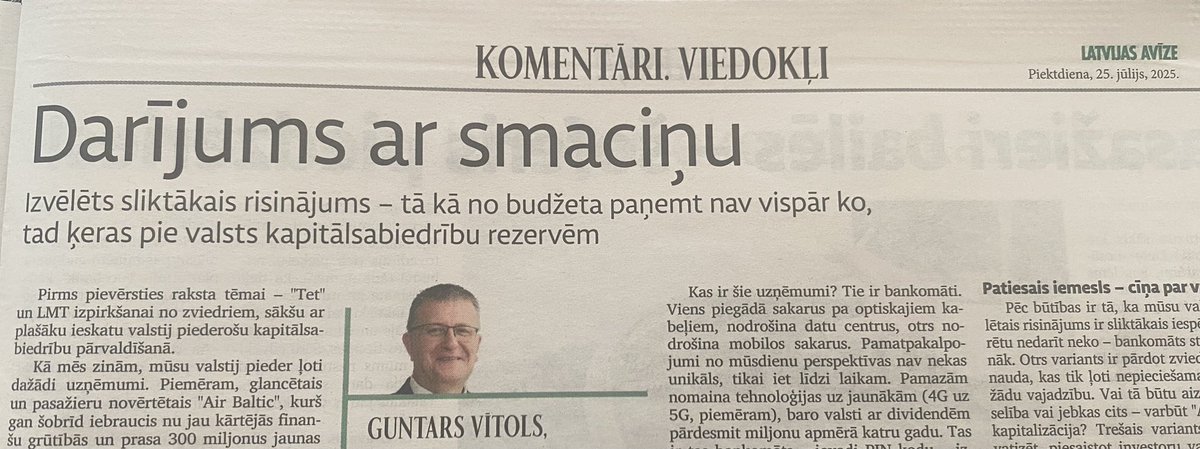 guntarsv's tweet image. Anonsiņš.
Šodienas Latvijas avīzē izlasāms mans viedokļraksts par TET/LMT.
“Darījums ar smaciņu”.